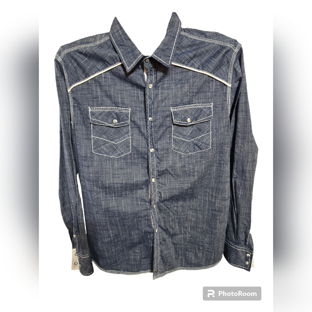 BUCKLE BLACK Denim Blue Pearl Snap WESTERN Shirt Men's Size Large